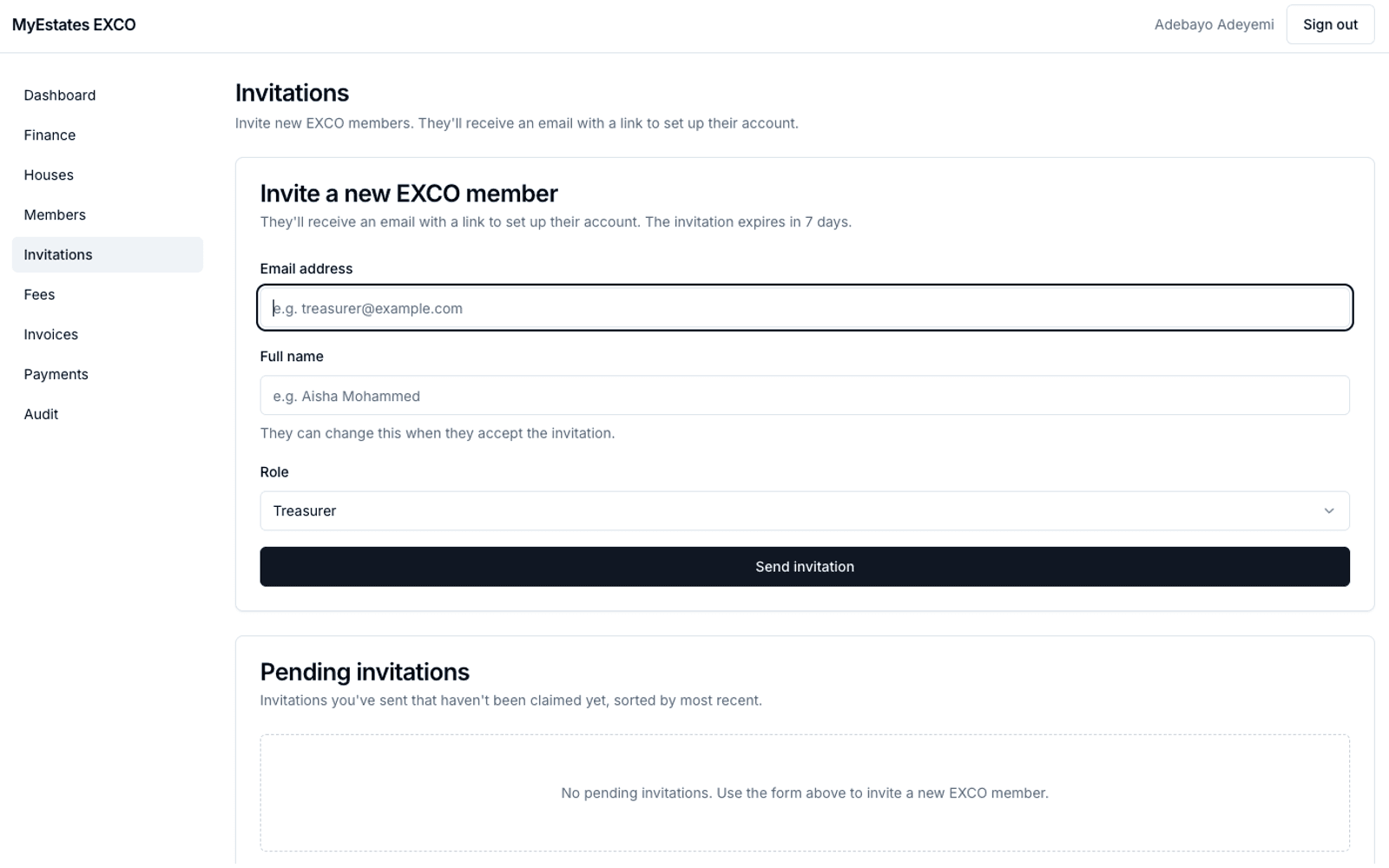 Estate setup interface — defining fee structure, houses, and household members